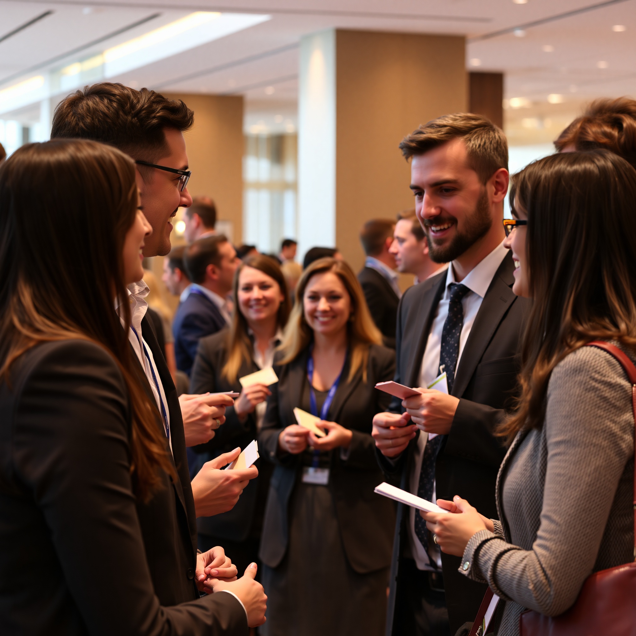 Professional networking event with business professionals exchanging business cards and engaging in meaningful conversations in modern corporate setting