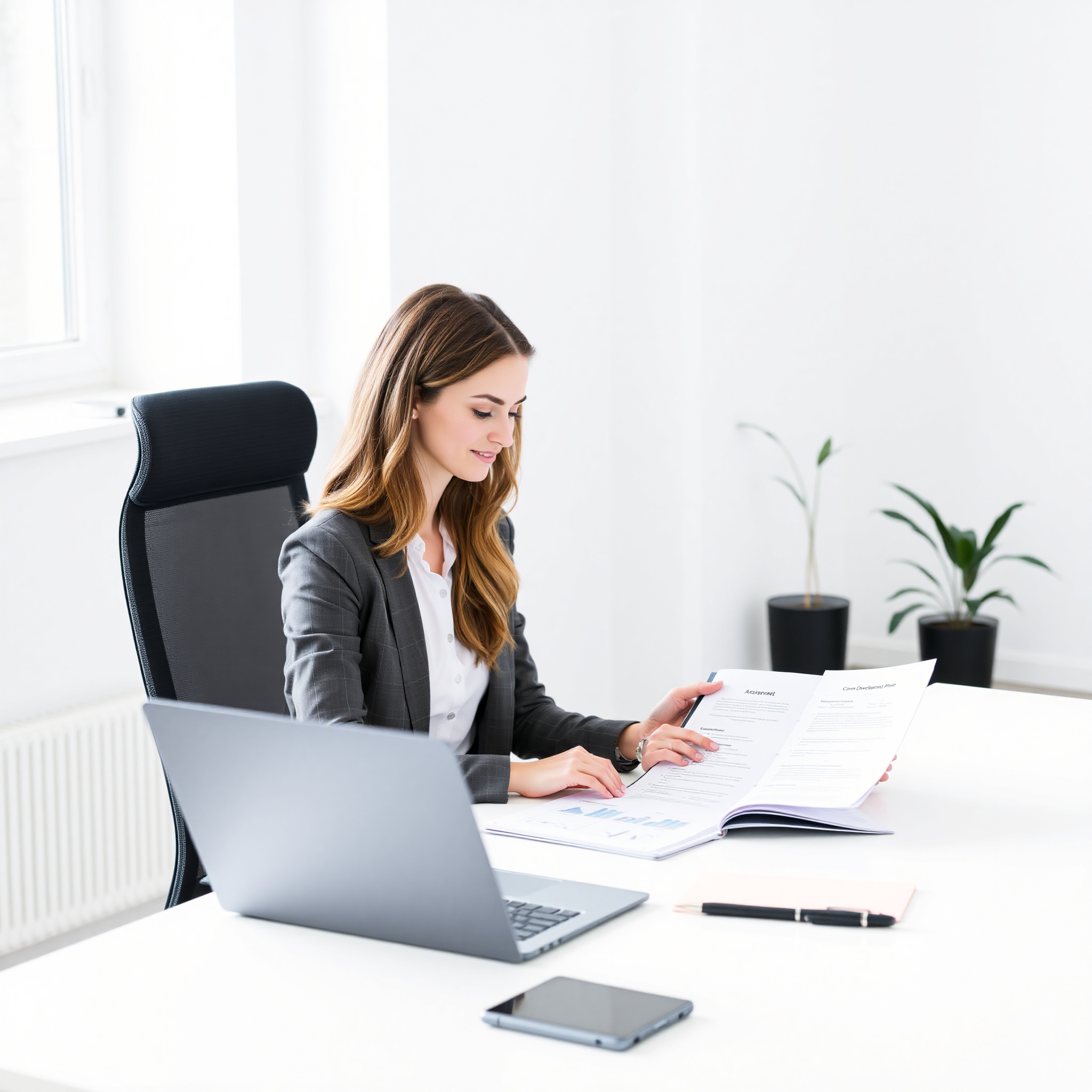 Professional working on career development plan at desk with notebook and laptop
