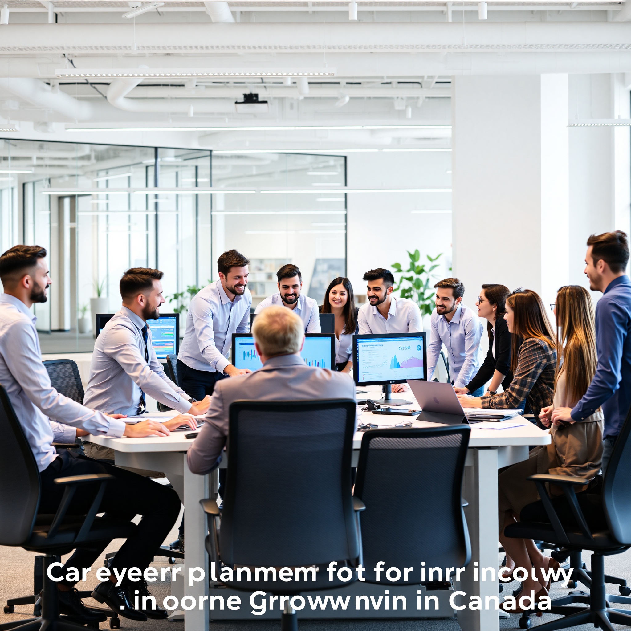 Diverse business team collaborating on project in modern office with whiteboard and digital screens
