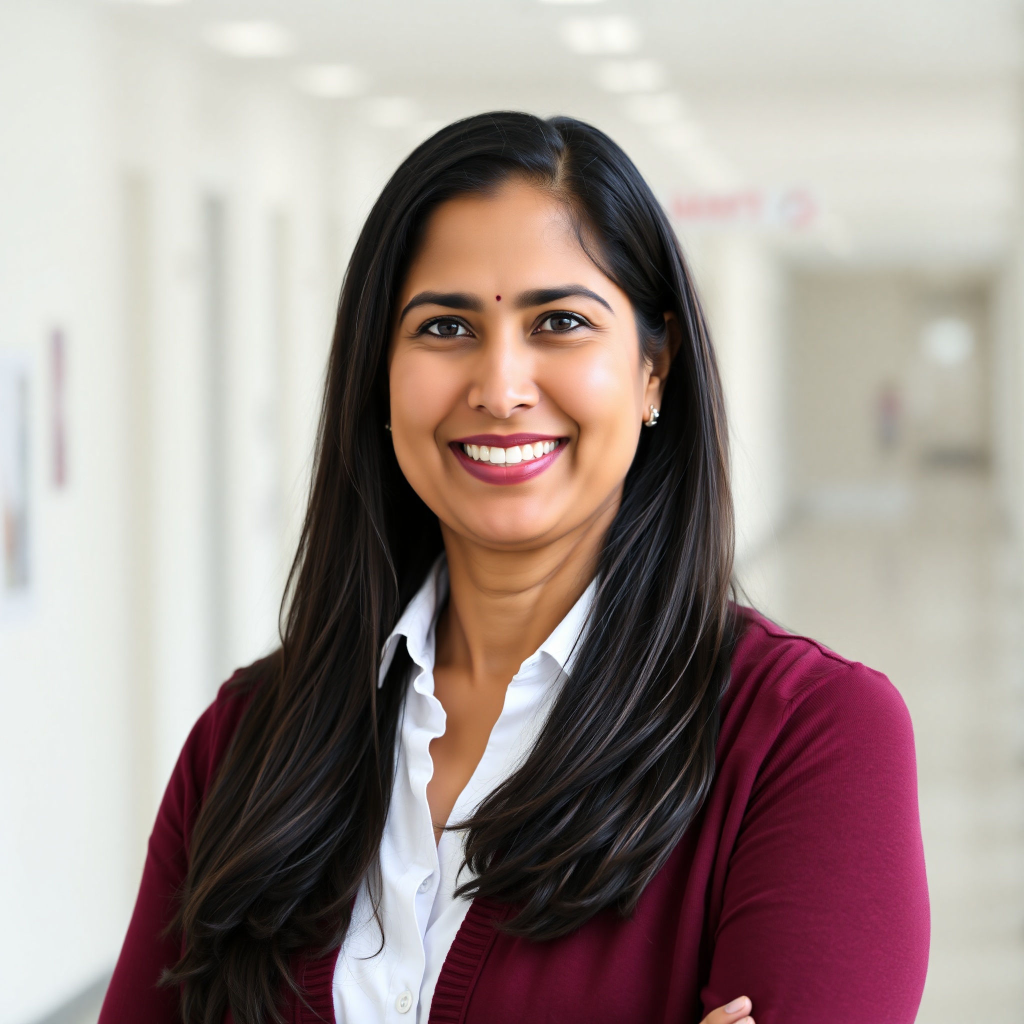 Priya Patel, 38-year-old healthcare professional from Calgary with long dark hair and warm professional demeanor