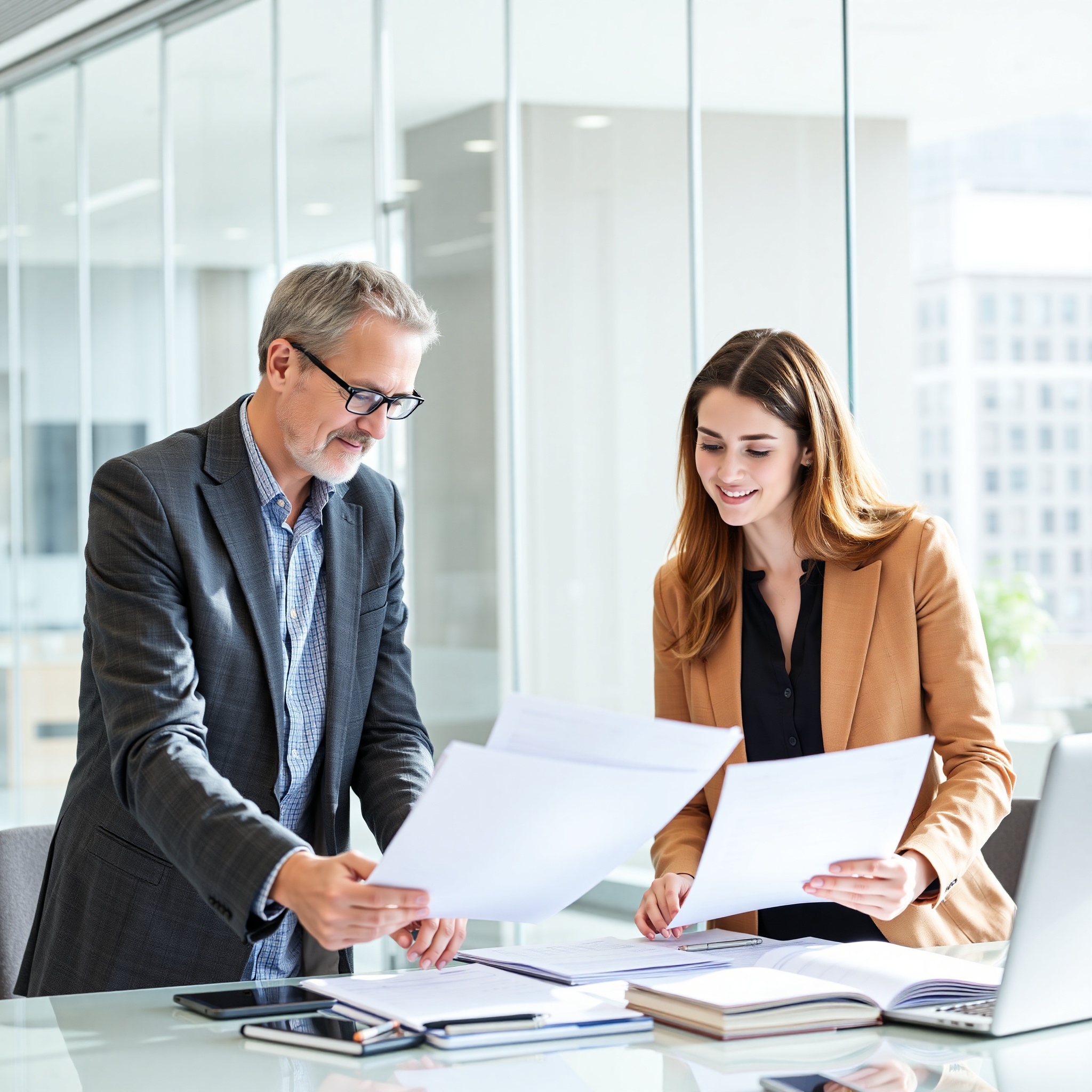Professional male mentor guiding junior colleague in collaborative learning environment at contemporary office