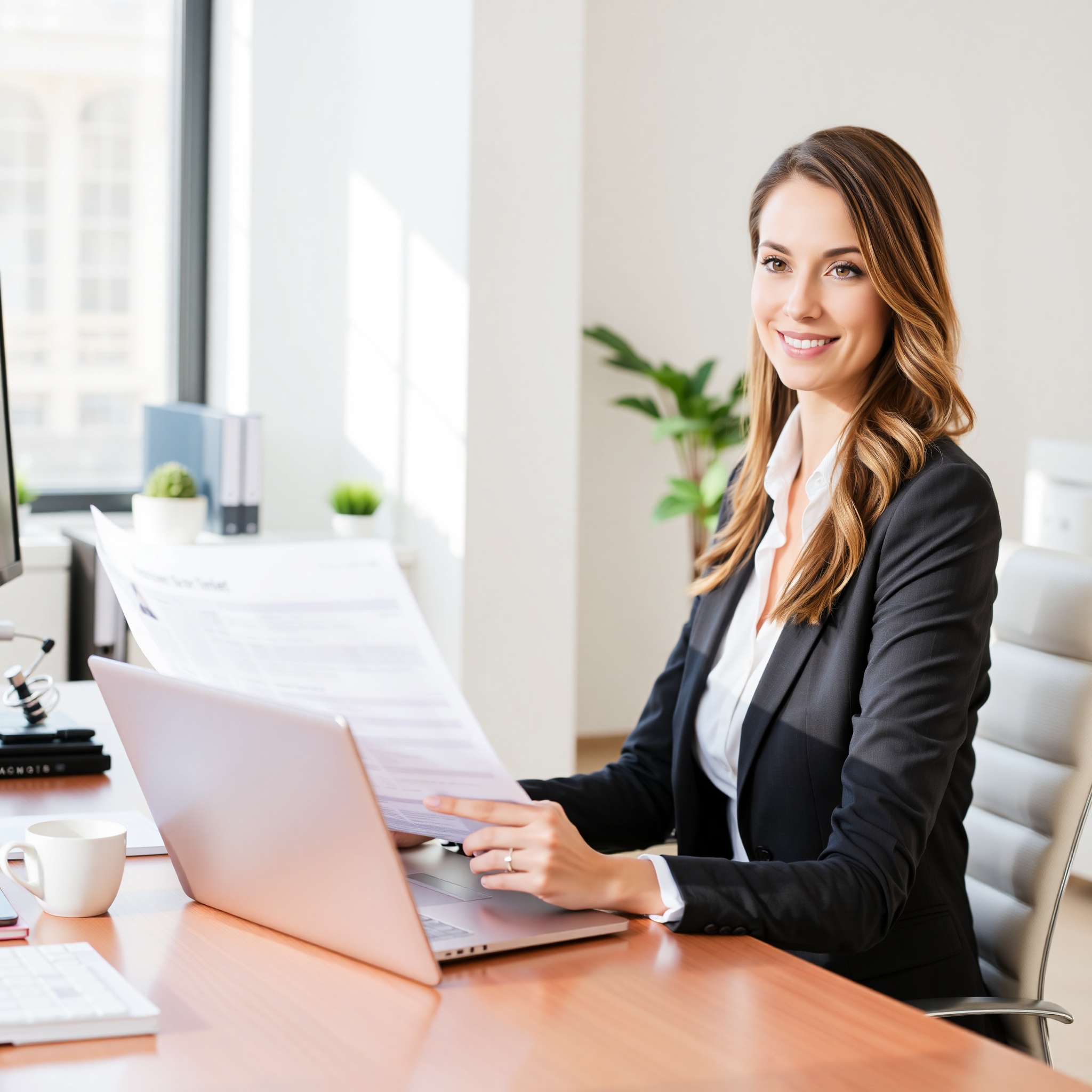 Professional woman reviewing resume and career development plan at desk with laptop and documents
