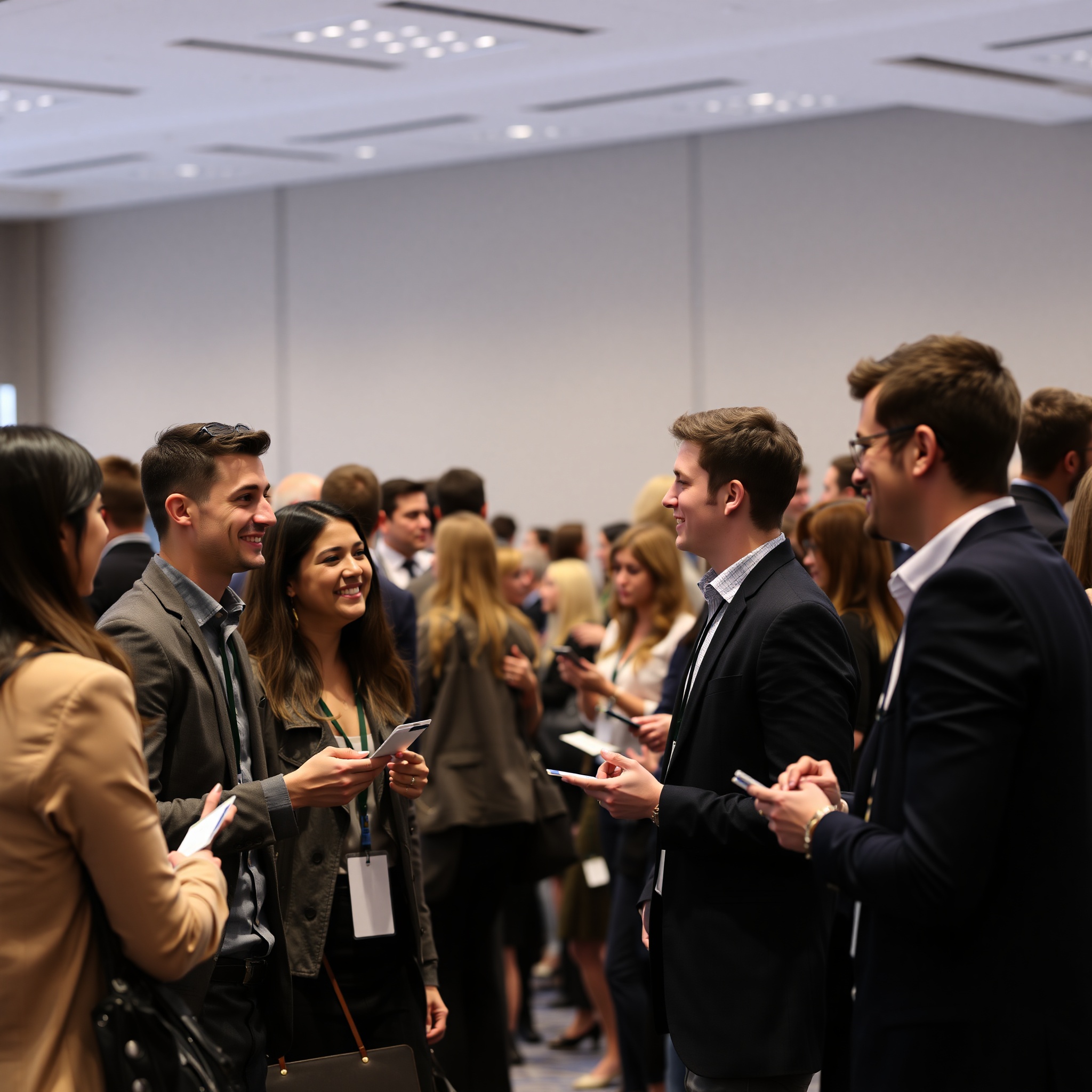 Young professional attending networking event with colleagues, exchanging business cards and conversing